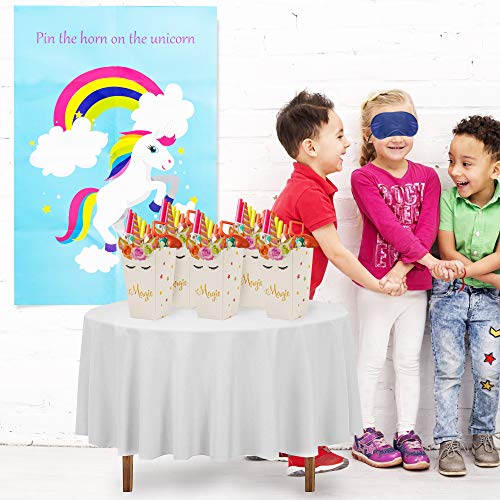 37 Piezas - Pin The Horn On The Unicorn - Juego Fiesta Cumpleaños Unicornio Niños| 1 Póster Grande de Unicornio, 2 Antifaces (Rosa y Azul), 24 Cuernos y 10 Bolsas Palomitas | Divertidos Juegos Fiesta