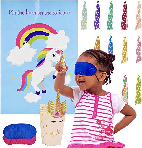 37 Piezas - Pin The Horn On The Unicorn - Juego Fiesta Cumpleaños Unicornio Niños| 1 Póster Grande de Unicornio, 2 Antifaces (Rosa y Azul), 24 Cuernos y 10 Bolsas Palomitas | Divertidos Juegos Fiesta