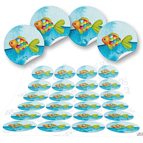 96 pequeños 4 cm peces marítimos redondos niños azul turquesa pegatinas para niños Bautizo Comunión Pegatinas de regalo paquete arco iris peces decoración de mesa