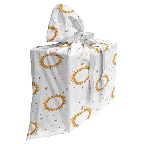 ABAKUHAUS Sun celestial Bolsa de Regalo para Baby Shower, Sol y Estrellas, Tela Estampada con 3 Moños Reutilizable, 70 cm x 80 cm, Anaranjado oscuro y negro