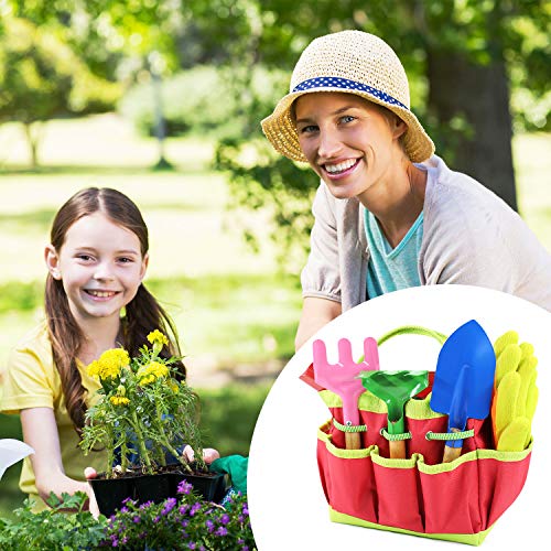 AGAKY Herramientas de Jardín para Niños, Kit Jardineria Niños 7 Piezas con Bolsa de Herramientas, Regadera, Paleta de Mano, Pala de Mano, Rastrillo de Mano, Tenedor de malezas, Guantes Jardinería