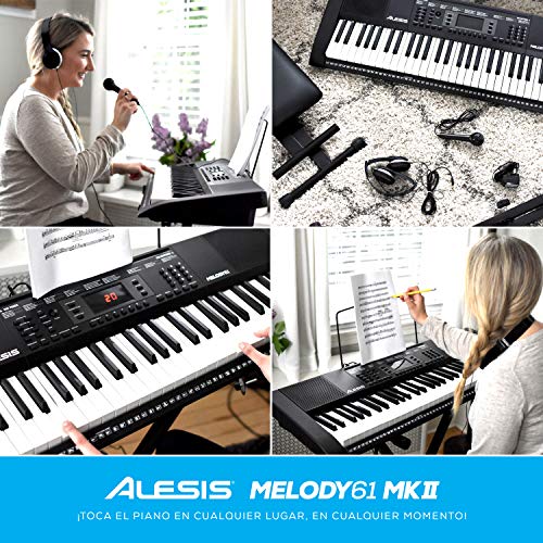 Alesis Melody 61 MKII – Teclado electrónico/Piano digital con 61 teclas, altavoces integrados, auriculares, micrófono, soporte para piano, atril y banqueta