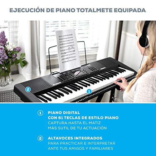 Alesis Melody 61 MKII – Teclado electrónico/Piano digital con 61 teclas, altavoces integrados, auriculares, micrófono, soporte para piano, atril y banqueta