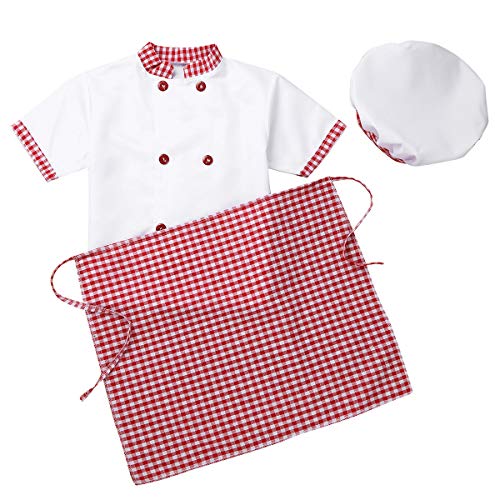 Alvivi 3Pcs Cosplay Uniforme Chef de Cocina Baker Disfraz de Cocinero Abrigo Trajes Chaqueta con Delantal Sombreros Restaurante Camarera para Niño Niña Unisex Rojo 5-6 Años