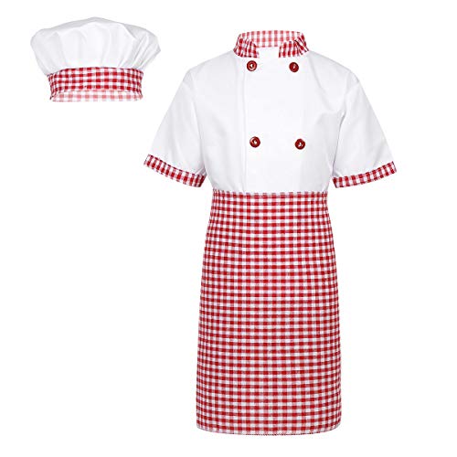 Alvivi 3Pcs Cosplay Uniforme Chef de Cocina Baker Disfraz de Cocinero Abrigo Trajes Chaqueta con Delantal Sombreros Restaurante Camarera para Niño Niña Unisex Rojo 5-6 Años