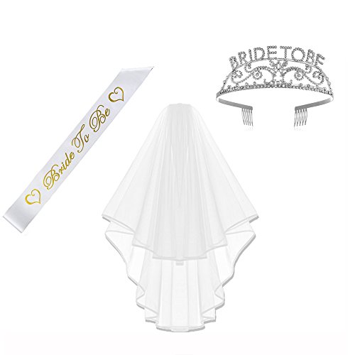 Amajoy Juego de 3 accesorios para despedida de soltera, kit de novia para ser banda de satén, tiara/corona de soltera, velo de soltera con peine, color blanco