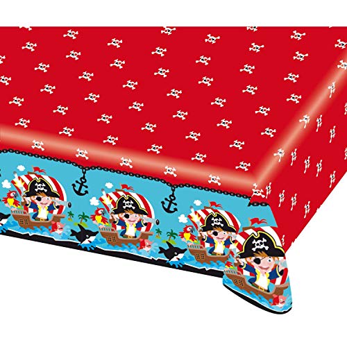 Amscan 9902123 – Mantel Pirata, 1 Pieza, tamaño 120 x 180 cm, plástico, Impermeable, Rojo con Motivos Multicolor, Pirata, Ancla, Calaveras, Barcos, Fiesta Infantil, Fiesta temática, cumpleaños