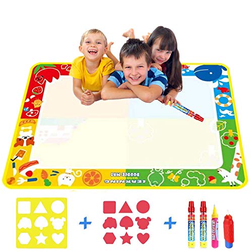 Aqua Water Doodle Mat, masivo 100cm x 70cm Magic Mat Dibujo Pintura Magic Water Pens 8 Sellos de Eva con molde Juguete educativo Regalos de cumpleaños para niños Niña Niños pequeños