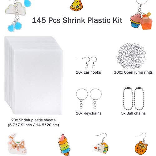 Auihiay Juego de 145 hojas de plástico termorretráctiles que incluye 20 piezas de papel de arte Shrinky con 125 piezas de llaveros accesorios para manualidades creativas para niños