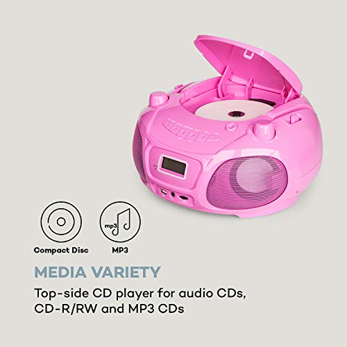 auna Roadie Sing CD - Boombox , Radio con CD , Reproductor de CD , Karaoke , Tamaño Compacto , Efecto Luminoso LED , Conectividad Bluetooth , Micrófono , con Cable o con Pilas , Rosa