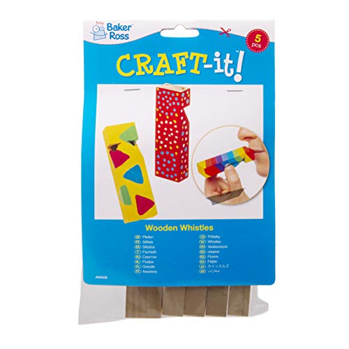 Baker Ross- Silbato de madera (Pack de 5) Silbatos de plástico perfectos para bolsas de regalo para niños, fiestas de Halloween, relleno de piñata o regalos de cumpleaños