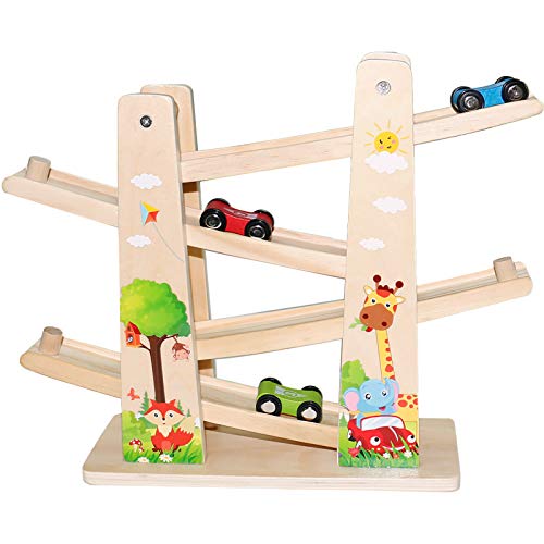 Baobë Juguetes de Pista de Madera, Juegos de Coches, Juguetes de Madera para Niños Haga Clic en la Pista de Clack con * 4 * Coches, Regalos Educativos para Niños Pequeños