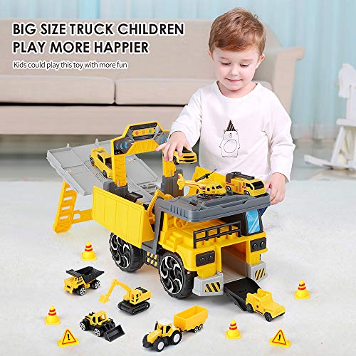 BeebeeRun 11 in 1 Camión Coches de Juguete para ninos,Transportador Coches Juguete con Vehículo de ingeniería,Regalo para niños niñas de 4 a 7 años