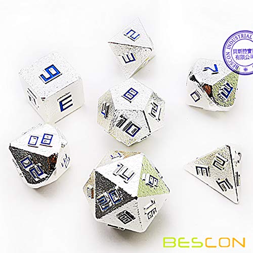 Bescon - Juego de dados de metal sólido y mineral de plata brillante, juego de 7 dados de metal sintético D&D RPG