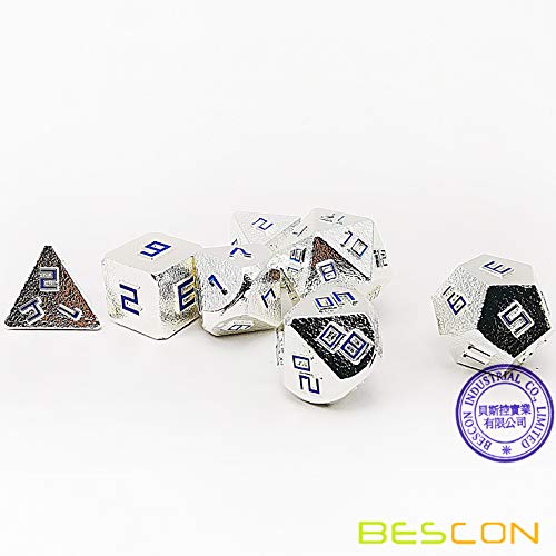 Bescon - Juego de dados de metal sólido y mineral de plata brillante, juego de 7 dados de metal sintético D&D RPG