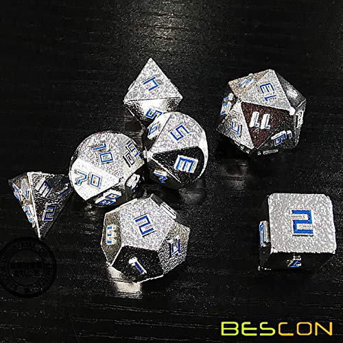 Bescon - Juego de dados de metal sólido y mineral de plata brillante, juego de 7 dados de metal sintético D&D RPG