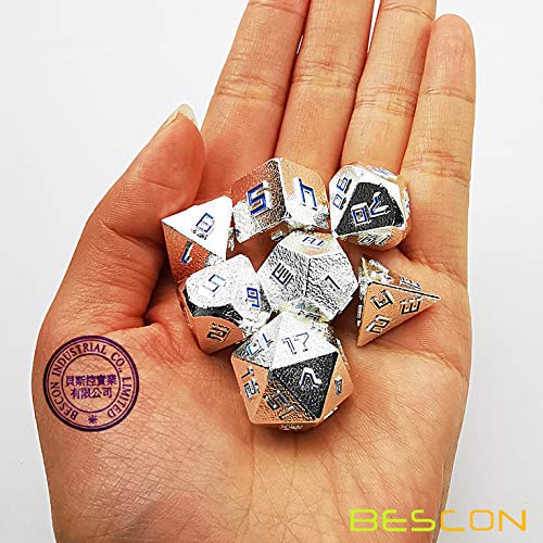 Bescon - Juego de dados de metal sólido y mineral de plata brillante, juego de 7 dados de metal sintético D&D RPG