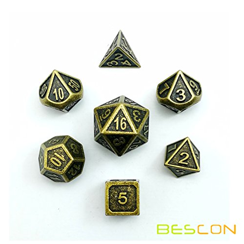 Bescon New Style Ancient Brass Solid Metal Polyhedral D&D Dice Set of 7 Brass Metallic RPG Role Playing Game Dice 7pc Set D4-D20