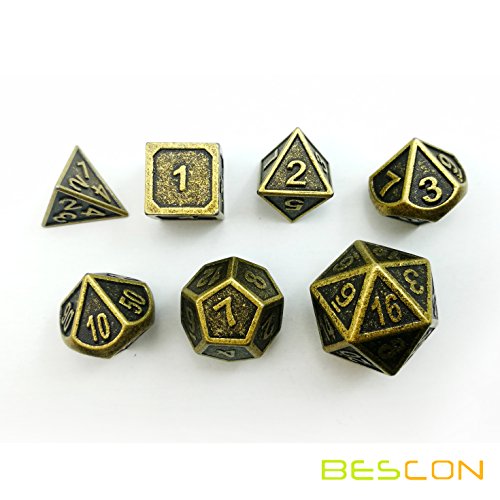 Bescon New Style Ancient Brass Solid Metal Polyhedral D&D Dice Set of 7 Brass Metallic RPG Role Playing Game Dice 7pc Set D4-D20