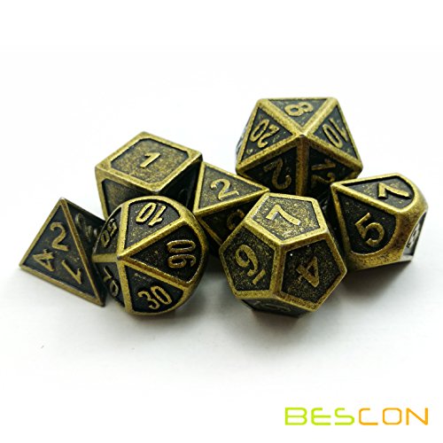 Bescon New Style Ancient Brass Solid Metal Polyhedral D&D Dice Set of 7 Brass Metallic RPG Role Playing Game Dice 7pc Set D4-D20