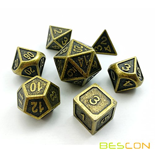 Bescon New Style Ancient Brass Solid Metal Polyhedral D&D Dice Set of 7 Brass Metallic RPG Role Playing Game Dice 7pc Set D4-D20