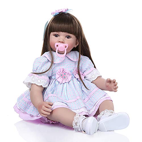 Binxing Toys 24 Pulgadas muñecas Reborn Grandes Hecha a Mano Realista niño renacido niña 60 cm de Pelo Largo con Vestido de Encaje