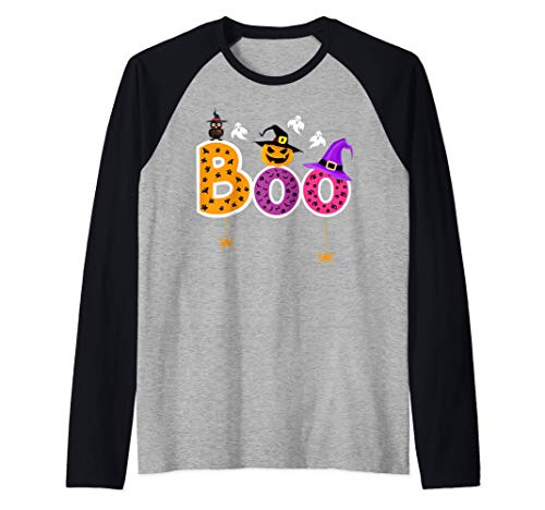 Boo Halloween Costume Spiders, Ghosts, Pumkin & Witch Hat Camiseta Manga Raglan