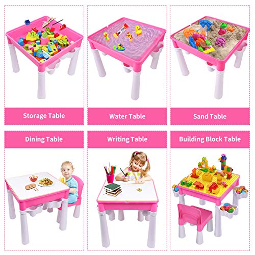 burgkidz Juego de Mesa y Silla Infantil, Mesa de Actividades Construccion y Silla con 128 Piezas Juguetes de Creativos Grandes Clásicos para Niñas, Rosa