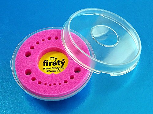 Caja de dientes de Leche > Firsty Round Magnetic < (rosa, chica, cumpleaños ) con texto en Espagnol, con Imán de nevera.