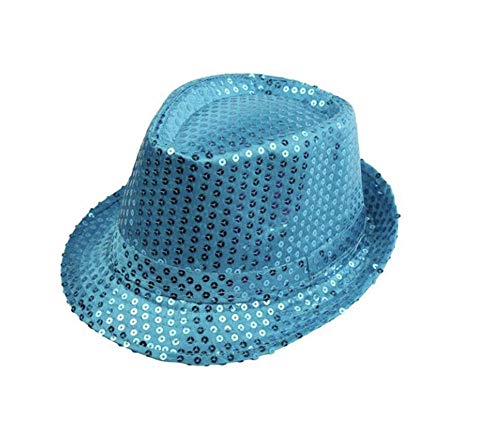 Carnavalife Sombrero Chistera de Copa de Fieltro Lentejuelas Gorro de Ronda Mago con Cinta (Azul Claro, Niño/52cm)