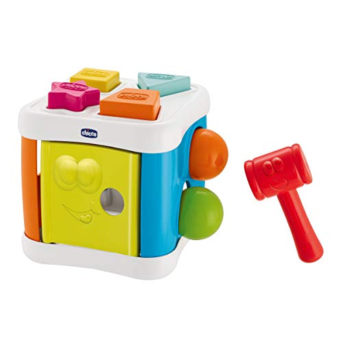 Chicco Multicubo Encajable 2en1 - Juegos de puzzle encajables y contrucción para bebés, con formas, bolas y martillo