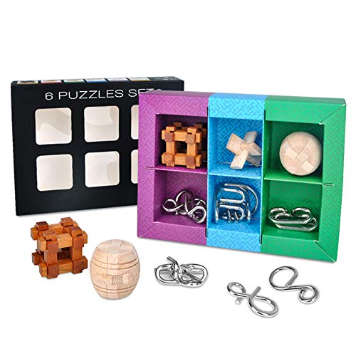 Chonor 6 en 1 Cubo Rompecabezas 3D de Madera del Enigma Juego Puzle de Alambre de Metal - Clásica de Cerradura de Brain Teaser Puzzle IQ Juguetes para Niños y Adultos - Idea Perfecta del Regalo