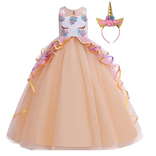 CinheyU Niñas Disfraz de Carnaval Sin Mangas Vestido de Unicornio Princesa Cumpleaños Boda Fiesta de Cosplay para Chicas Navidad Bautizo Comunión Flor Vestidos de Baile con Diadema Champán 6-7