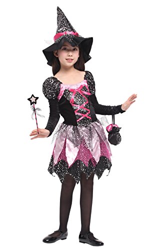 Cloudkids Disfraz de Bruja para Niñas Infantil con Sombrero de Bruja Hechicera- Niña - Disfraz - Carnaval - Halloween - Cosplay - Accesorios - Talla XL, 7 a 9 años