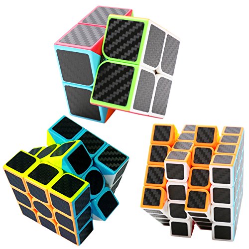 Coolzon Puzzle Cubes 2x2x2 + 3x3x3 + 4x4x4 3 Pack Cubo Magico con Pegatina de Fibra de Carbono Velocidad