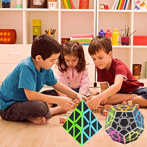 Coolzon Puzzle Cubes Megaminx + Pyraminx + 2x2x2 + 3x3x3 + 4x4x4 5 Pack in Giftbox Cubo Magico con Pegatina de Fibra de Carbono Velocidad