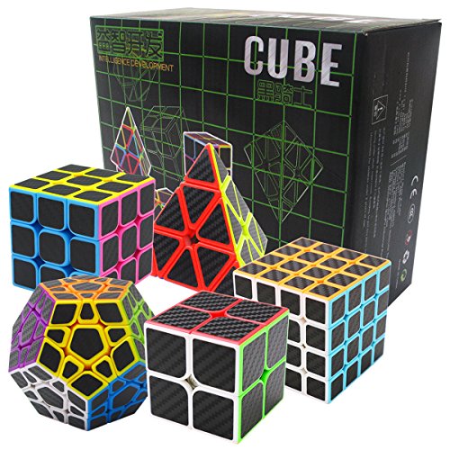 Coolzon Puzzle Cubes Megaminx + Pyraminx + 2x2x2 + 3x3x3 + 4x4x4 5 Pack in Giftbox Cubo Magico con Pegatina de Fibra de Carbono Velocidad