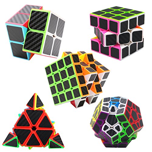 Coolzon Puzzle Cubes Megaminx + Pyraminx + 2x2x2 + 3x3x3 + 4x4x4 5 Pack in Giftbox Cubo Magico con Pegatina de Fibra de Carbono Velocidad