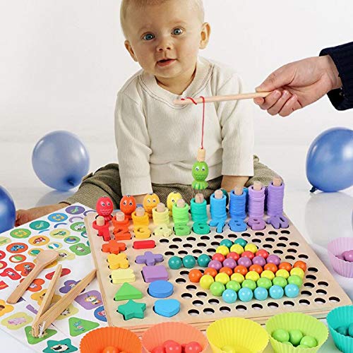 Coriver Montessori Juguete educativo, rompecabezas de madera 13 en 1, palos de educación temprana, rompecabezas con cuentas, juego de pesca magnético, manos para niños, ojos, entrenamiento cerebral