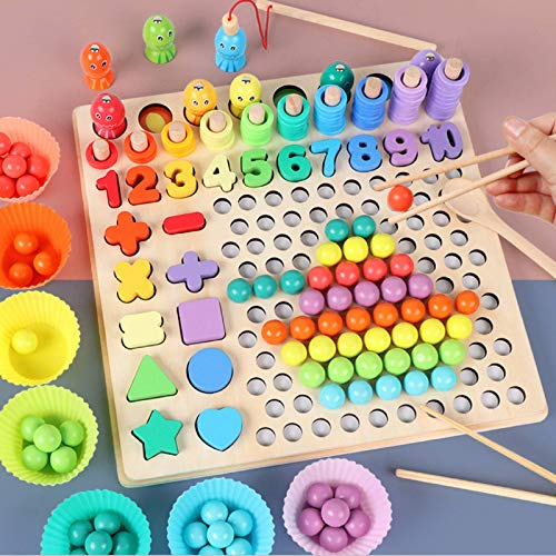 Coriver Montessori Juguete educativo, rompecabezas de madera 13 en 1, palos de educación temprana, rompecabezas con cuentas, juego de pesca magnético, manos para niños, ojos, entrenamiento cerebral