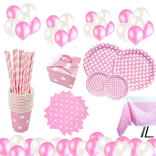 cotigo Set de Vajilla Desechables para Fiesta de Cumpleaños,para 16 Personas,Diseño Lunares,Color Rosa, Ideal para Niñas y Infantiles