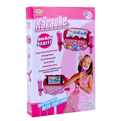 CT-Tribe Microfono para Niños, Karaoke con 2 Micrófonos Instrumento Musical de Juguete con Soporte Ajustable y Efectos de Iluminación - Rosado