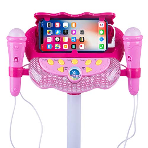 CT-Tribe Microfono para Niños, Karaoke con 2 Micrófonos Instrumento Musical de Juguete con Soporte Ajustable y Efectos de Iluminación - Rosado