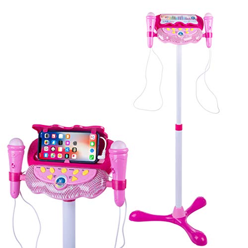 CT-Tribe Microfono para Niños, Karaoke con 2 Micrófonos Instrumento Musical de Juguete con Soporte Ajustable y Efectos de Iluminación - Rosado