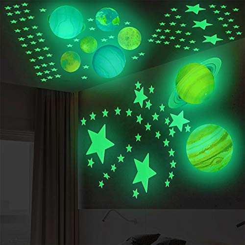 CUNYA Pegatinas 3D que brillan en la oscuridad, sistema solar de estrellas para niños calcomanías de pared, planetas brillantes para decoración de dormitorio de niños, regalo de cumpleaños o Navidad