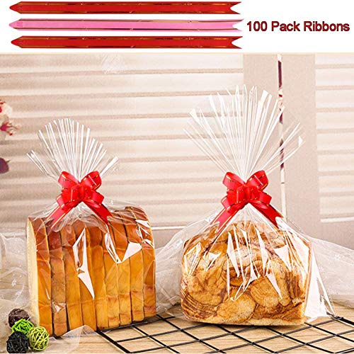 DazSpirit 100Pcs Bolsas Transparentes Planas de Regalo De Celofán Con Cintas - Bolsa de Plástico Transparente de 18x25 Cm Para Dulces, Magdalenas Y Juguetes (Bolsa de embalaje transparente)