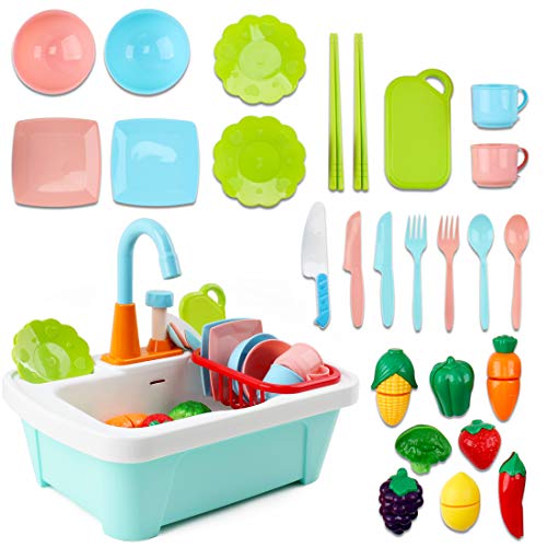 deAO Juego de Utensilios de Cocina y Comida de Juguete Fregadero Electrónico y Conjunto de Frutas, Verduras y Accesorios de Cocinita Infantil de Imitación