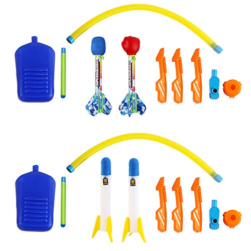 deAO Lanzador de Cohetes Salta y Lanza Conjunto 2 en 1 Incluye Cohetes de Goma Espuma con Diseños Variados y Plataforma de Lanzamiento Juguete Actividades Infantiles Juego de Ciencias Luces Integradas