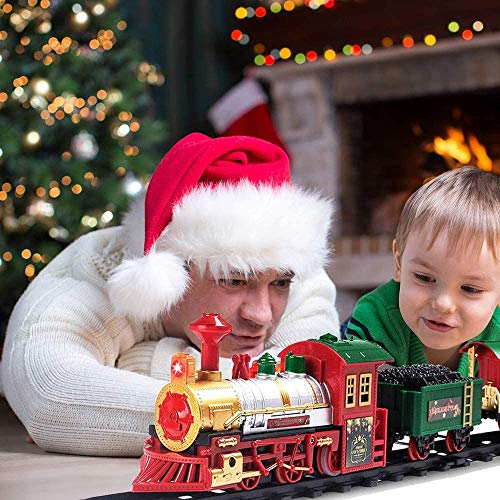 deAO Tren Clásico Infantil con Luces y Sonidos Conjunto Navideño de Vías, Locomotora y 3 Vagones Tren de Juguete Electrónico Decoración de Navidad