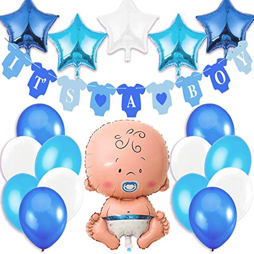 Decoraciones Fiesta de Bienvenida de Bebe Niño. Bandera Es Un Chico It’s a Boy + Globo de Papel de Aluminio a Recien Nacido + 5 Estrellas Globos de Aluminio + 12 Globos. Accessorios Baby Shower